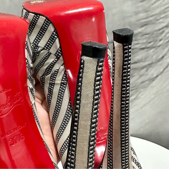 🌺CHRISTIAN LOUBOUTIN 🌺 Greissimo Peep Toe Striped Pumps Size: 37.5 - Picture 14 of 15